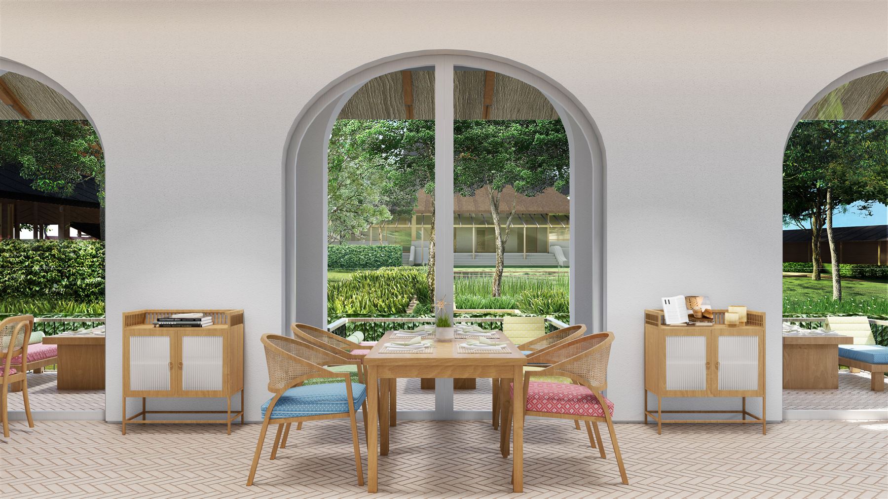 Breakfast tables set beside arched garden windows