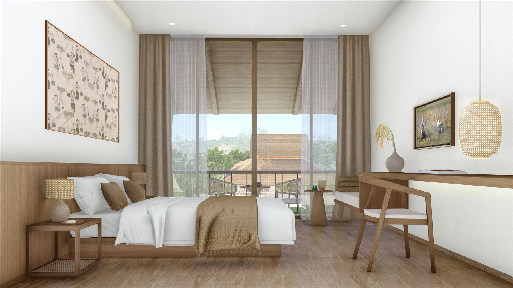 Deluxe Room with a balcony and warm timber furnishings