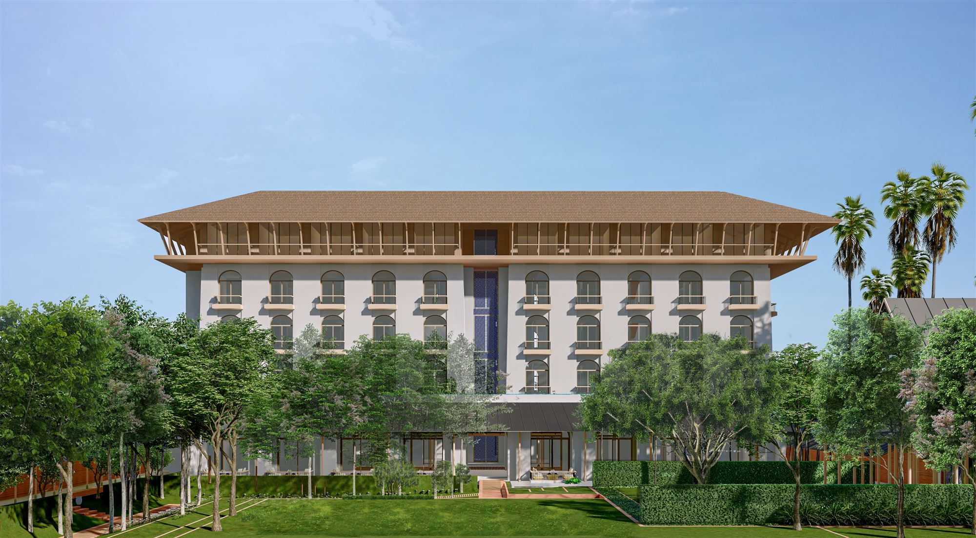 Pundaree Hotel façade with a timber roof, set among gardens