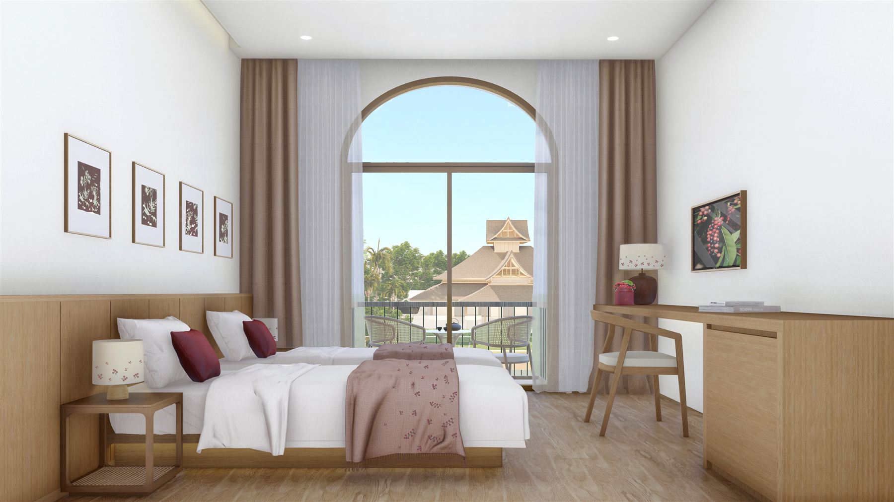 Standard Room with an arched window and garden view